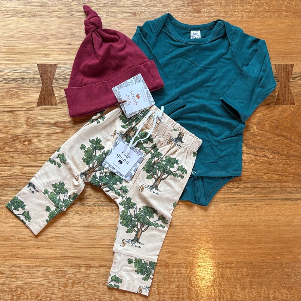 kate quinn Bundle Long Sleeve Lap Neck Bodysuit, Panda Pant & Knotted Hat